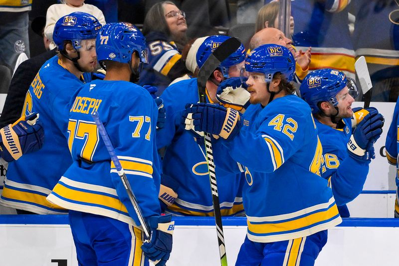 Oct 19, 2024; St. Louis, Missouri, USA;  St. Louis Blues right wing Kasperi Kapanen (42) is congratulated by teammates after scoring against the Carolina Hurricanes during the third period at Enterprise Center. Mandatory Credit: Jeff Curry-Imagn Images