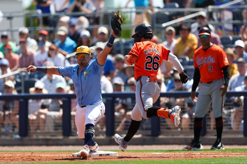 Mar 15, 2024; Port Charlotte, Florida, USA;  Tampa Bay Rays first baseman Jonathan Aranda (62) missis a throw to first against the Baltimore Orioles in the first inning at Charlotte Sports Park. Mandatory Credit: Nathan Ray Seebeck-USA TODAY Sports