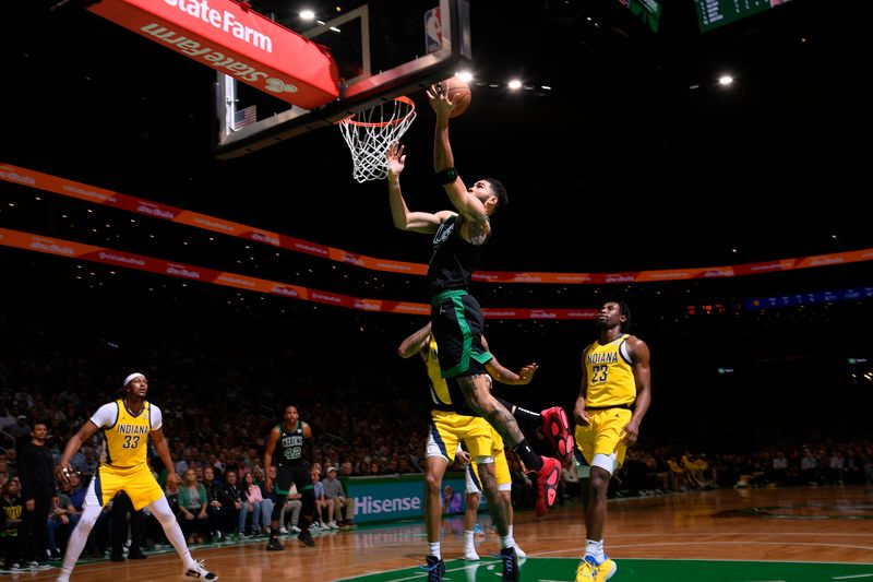 BOSTON, MA - MAY 23: Jayson Tatum #0 of the Boston Celtics drives to the basket during the game against the Indiana Pacers during Game 2 of the Eastern Conference Finals of the 2024 NBA Playoffs on May 23, 2024 at the TD Garden in Boston, Massachusetts. NOTE TO USER: User expressly acknowledges and agrees that, by downloading and or using this photograph, User is consenting to the terms and conditions of the Getty Images License Agreement. Mandatory Copyright Notice: Copyright 2024 NBAE  (Photo by Brian Babineau/NBAE via Getty Images)