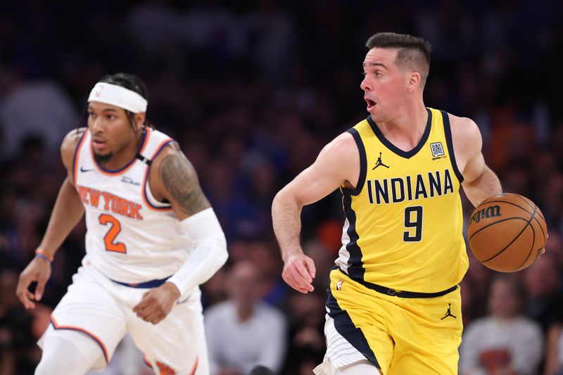 NEW YORK, NEW YORK - MAY 21:  T.J. McConnell #9 of the Indiana Pacers handles the ball against the New York Knicks in Game One of the Eastern Conference Finals of the 2025 NBA Playoffs at Madison Square Garden on May 21, 2025 in New York City. NOTE TO USER: User expressly acknowledges and agrees that, by downloading and or using this photograph, User is consenting to the terms and conditions of the Getty Images License Agreement. (Photo by Sarah Stier/Getty Images)