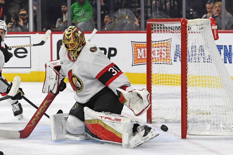 Mar 11, 2025; Philadelphia, Pennsylvania, USA;Ottawa Senators goaltender Anton Forsberg (31) makes a save against the Philadelphia Flyers during the first period at Wells Fargo Center. Mandatory Credit: Eric Hartline-Imagn Images