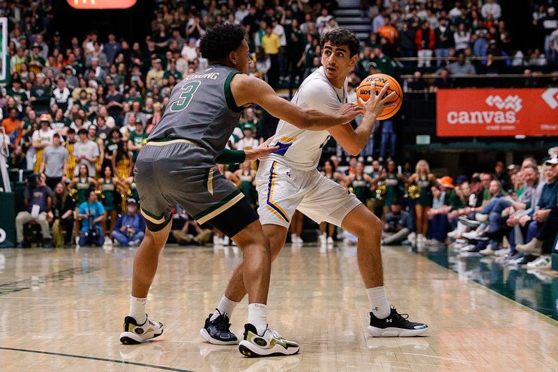 Feb 9, 2024; Fort Collins, Colorado, USA; San Jose State Spartans guard Alvaro Cardenas (13) controls the ball as Colorado State Rams guard Josiah Strong (3) guards in the first half at Moby Arena. Mandatory Credit: Isaiah J. Downing-USA TODAY Sports