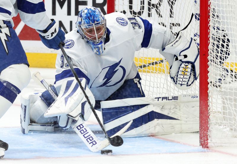 Mar 24, 2024; Anaheim, California, USA; Tampa Bay Lightning goaltender Jonas Johansson (31) pokes the puck during the second period against the Anaheim Ducks at Honda Center. Mandatory Credit: Jason Parkhurst-USA TODAY Sports