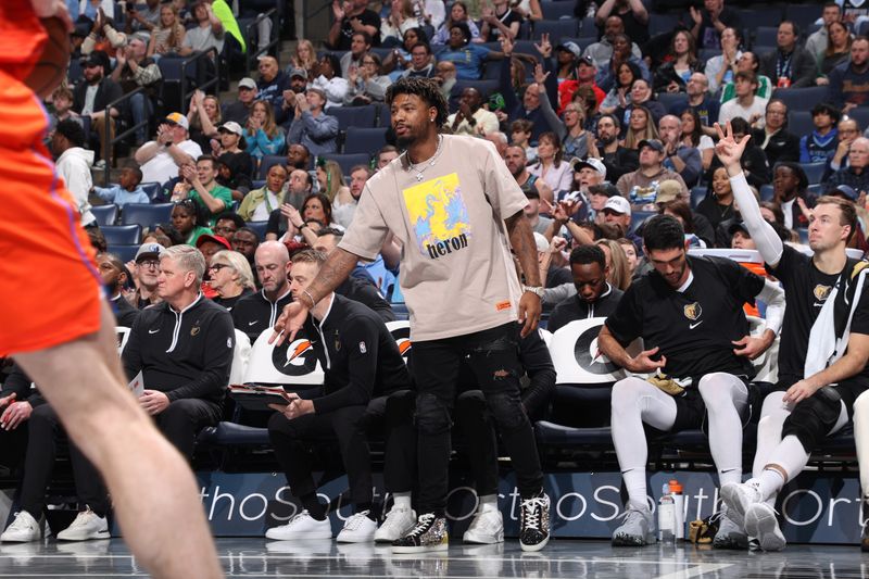 MEMPHIS, TN - MARCH 16: Marcus Smart #36 of the Memphis Grizzlies celebrates during the game against the Oklahoma City Thunder on March 16, 2024 at FedExForum in Memphis, Tennessee. NOTE TO USER: User expressly acknowledges and agrees that, by downloading and or using this photograph, User is consenting to the terms and conditions of the Getty Images License Agreement. Mandatory Copyright Notice: Copyright 2024 NBAE (Photo by Joe Murphy/NBAE via Getty Images)