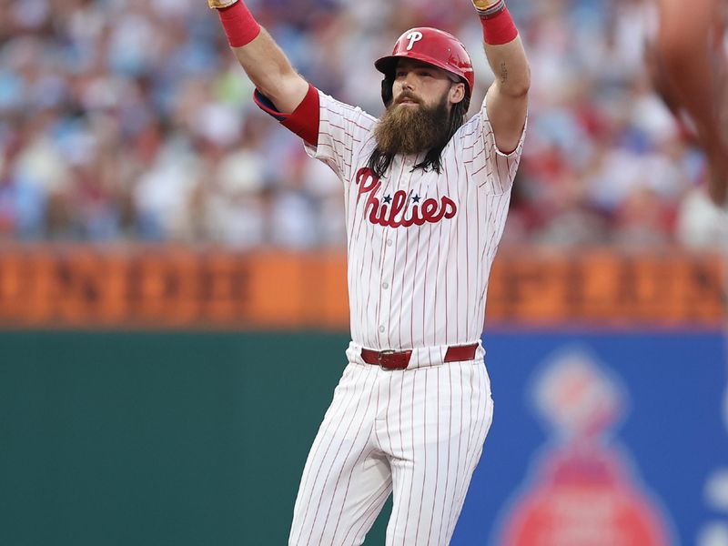 Aug 3, 2025; Philadelphia, Pennsylvania, USA; Philadelphia Phillies outfielder Brandon Marsh (16) reacts to his double against the Detroit Tigers during the second inning at Citizens Bank Park. Mandatory Credit: Bill Streicher-Imagn Images