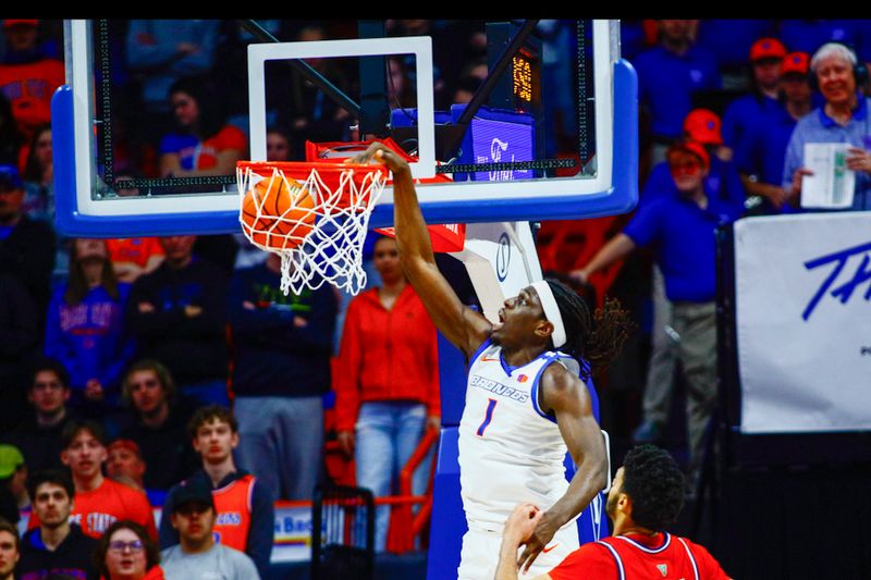 Feb 17, 2024; Boise, Idaho, USA; Boise State Broncos forward O'Mar Stanley (1) dunks during the first half against the Fresno State Bulldogs at ExtraMile Arena. Mandatory Credit: Brian Losness-USA TODAY Sports
