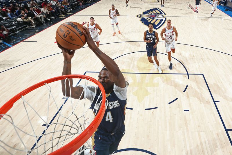 NEW ORLEANS, LA - DECEMBER 5: Javonte Green #4 of the New Orleans Pelicans dunks the ball during the game against the Phoenix Suns on December 5, 2024 at the Smoothie King Center in New Orleans, Louisiana. NOTE TO USER: User expressly acknowledges and agrees that, by downloading and or using this Photograph, user is consenting to the terms and conditions of the Getty Images License Agreement. Mandatory Copyright Notice: Copyright 2024 NBAE (Photo by Layne Murdoch Jr./NBAE via Getty Images)