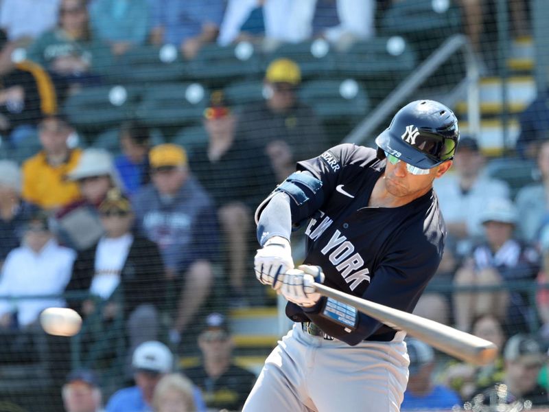 Mar 11, 2025; Bradenton, Florida, USA;  New York Yankees catcher J.C. Escarra (79) singles during the second inning against the Pittsburgh Pirates at LECOM Park. Mandatory Credit: Kim Klement Neitzel-Imagn Images