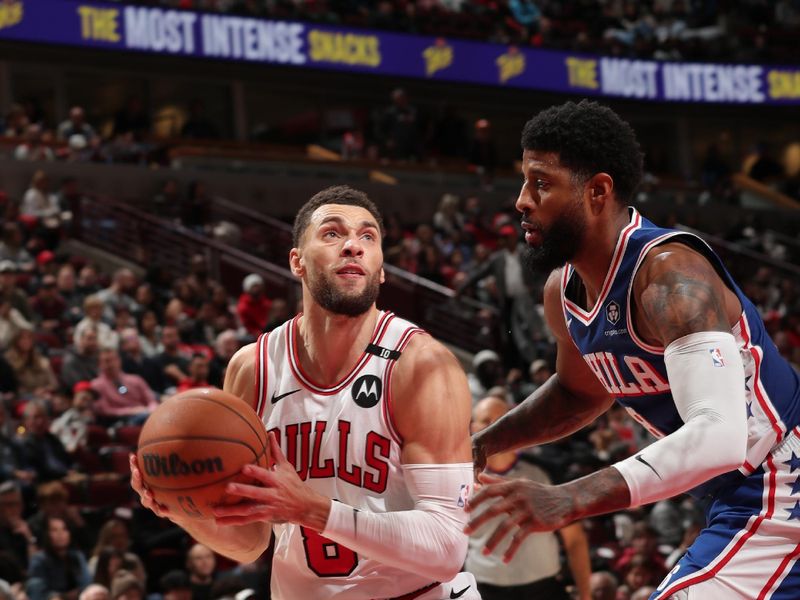 CHICAGO, IL - DECEMBER 8: Zach LaVine #8 of the Chicago Bulls drives to the basket during the game against the Philadelphia 76ers on December 8, 2024 at United Center in Chicago, Illinois. NOTE TO USER: User expressly acknowledges and agrees that, by downloading and or using this photograph, User is consenting to the terms and conditions of the Getty Images License Agreement. Mandatory Copyright Notice: Copyright 2024 NBAE (Photo by Gary Dineen/NBAE via Getty Images)