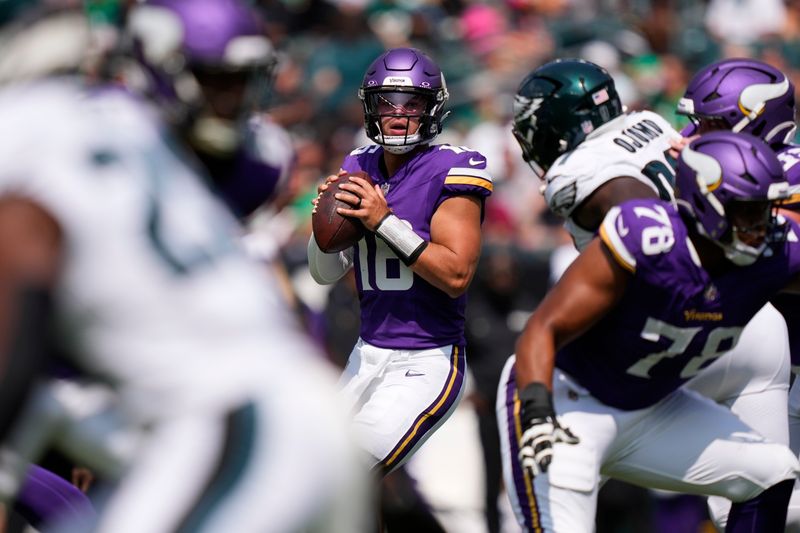 Minnesota Vikings quarterback Jaren Hall (16) looks to pass during the first half of a preseason NFL football game against the Philadelphia Eagles on Saturday, Aug. 24, 2024, in Philadelphia. (AP Photo/Matt Slocum)