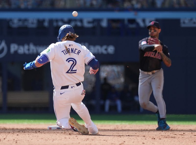 Jun 15, 2024; Toronto, Ontario, CAN; Toronto Blue Jays designated hitter Justin Turner (2) is tagged out by Cleveland Guardians shortstop Brayan Rocchio (4) in a double play  against the Toronto Blue Jays during the fifth inning at Rogers Centre. Mandatory Credit: Nick Turchiaro-USA TODAY Sports