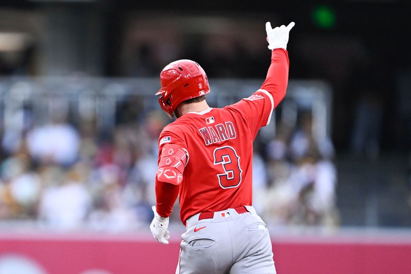 May 14, 2025; San Diego, California, USA; Los Angeles Angels left fielder Taylor Ward (3) rounds the bases after hitting a solo home run during the second inning against the San Diego Padres at Petco Park. Mandatory Credit: Denis Poroy-Imagn Images