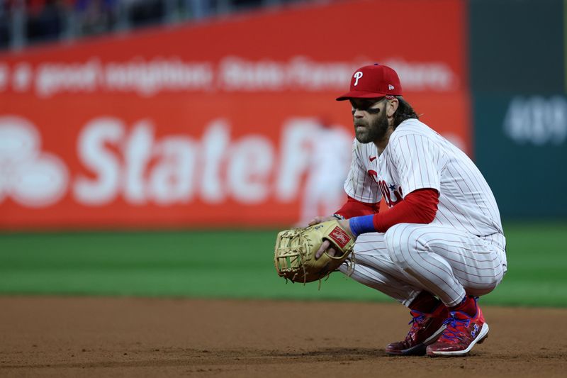 Oct 24, 2023; Philadelphia, Pennsylvania, USA; Philadelphia Phillies first baseman Bryce Harper (3) in the eighth inning for game seven of the NLCS for the 2023 MLB playoffs against the Arizona Diamondbacks at Citizens Bank Park. Mandatory Credit: Bill Streicher-USA TODAY Sports