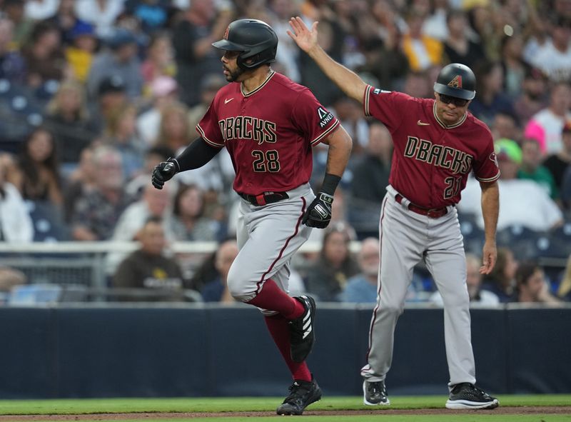 Aug 17, 2023; San Diego, California, USA;  Arizona Diamondbacks left fielder Tommy Pham (28) runs the bases after hitting a solo home run against the San Diego Padres during the fourth inning at Petco Park. Mandatory Credit: Ray Acevedo-USA TODAY Sports