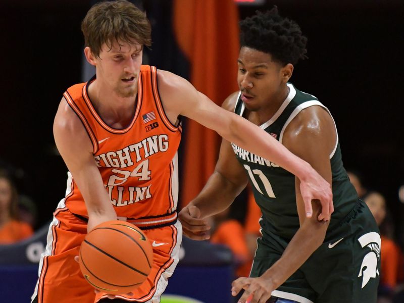 Jan 13, 2023; Champaign, Illinois, USA;  Illinois Fighting Illini forward Matthew Mayer (24) dribbles with the ball against Michigan State Spartans guard A.J. Hoggard (11) during the second half at State Farm Center. Mandatory Credit: Ron Johnson-USA TODAY Sports