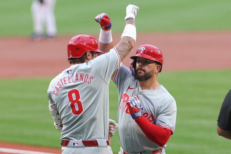 Jun 11, 2024; Boston, Massachusetts, USA; Philadelphia Phillies designated hitter Kyle Schwarber (12) celebrates with Philadelphia Phillies right fielder Nick Castellanos (8) after a leadoff solo home run during the first inning against the Boston Red Sox at Fenway Park. Mandatory Credit: Paul Rutherford-USA TODAY Sports