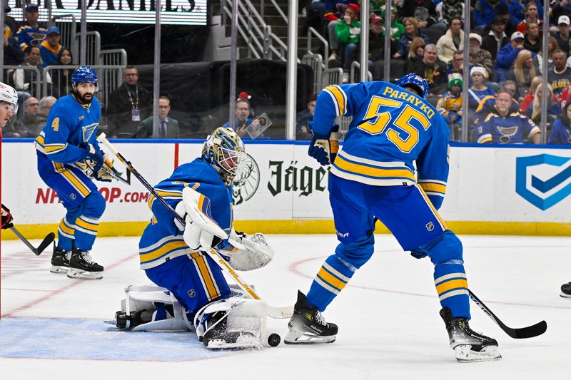 Dec 23, 2023; St. Louis, Missouri, USA;  St. Louis Blues goaltender Jordan Binnington (50) defends the net against the Chicago Blackhawks during the first period at Enterprise Center. Mandatory Credit: Jeff Curry-USA TODAY Sports