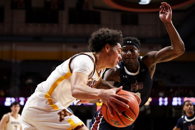 Dec 29, 2025; Minneapolis, Minnesota, USA; Minnesota Golden Gophers guard Kai Shinholster (9) works around Fairleigh Dickinson Knights forward Taeshaud Jackson (2)  during the first half at Williams Arena. Mandatory Credit: Matt Krohn-Imagn Images