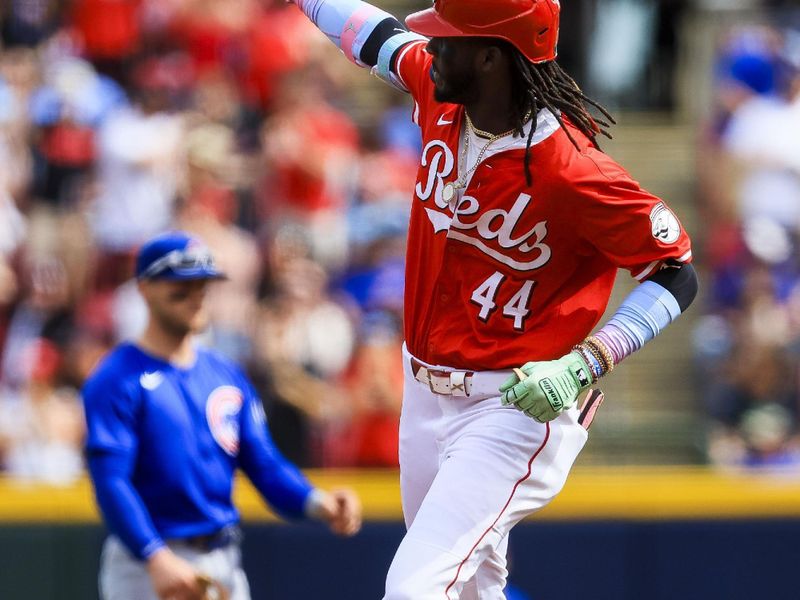 May 24, 2025; Cincinnati, Ohio, USA; Cincinnati Reds shortstop Elly De La Cruz (44) runs the bases after hitting a two-run home run in the first inning against the Chicago Cubs at Great American Ball Park. Mandatory Credit: Katie Stratman-Imagn Images