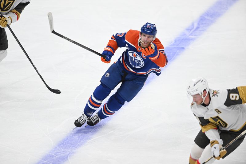 May 10, 2025; Edmonton, Alberta, CAN; Edmonton Oilers centre Connor McDavid (97) is seen out on the ice with Las Vegas Golden Knights centre Jack Eichel (9) during the second period in game three of the second round of the 2025 Stanley Cup Playoffs at Rogers Place. Mandatory Credit: Walter Tychnowicz-Imagn Images