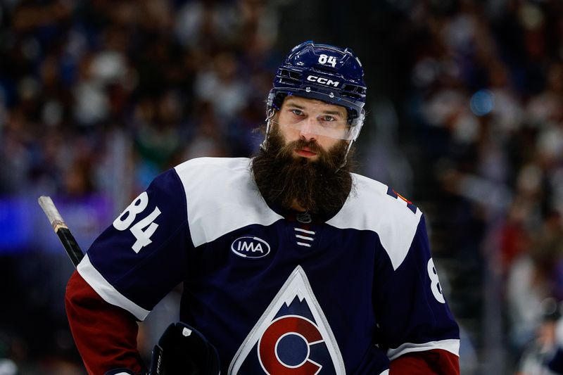 Mar 18, 2026; Denver, Colorado, USA; Colorado Avalanche defenseman Brent Burns (84) in the first period against the Dallas Stars at Ball Arena. Mandatory Credit: Isaiah J. Downing-Imagn Images