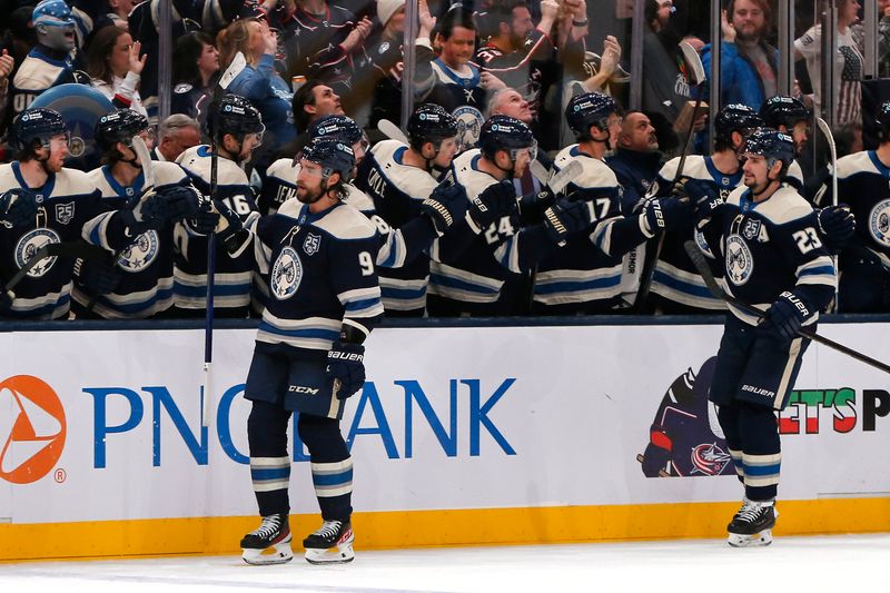 Dec 28, 2025; Columbus, Ohio, USA; Columbus Blue Jackets defenseman Ivan Provorov (9) celebrates scoring a goal against the New York Islanders during the third period at Nationwide Arena. Mandatory Credit: Russell LaBounty-Imagn Images
