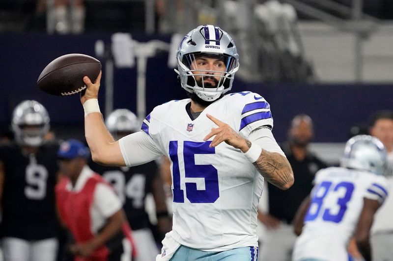 Dallas Cowboys quarterback Will Grier throws a pass in the first half of a preseason NFL football game against the Las Vegas Raiders in Arlington, Texas, Saturday, Aug. 26, 2023. (AP Photo/Sam Hodde)