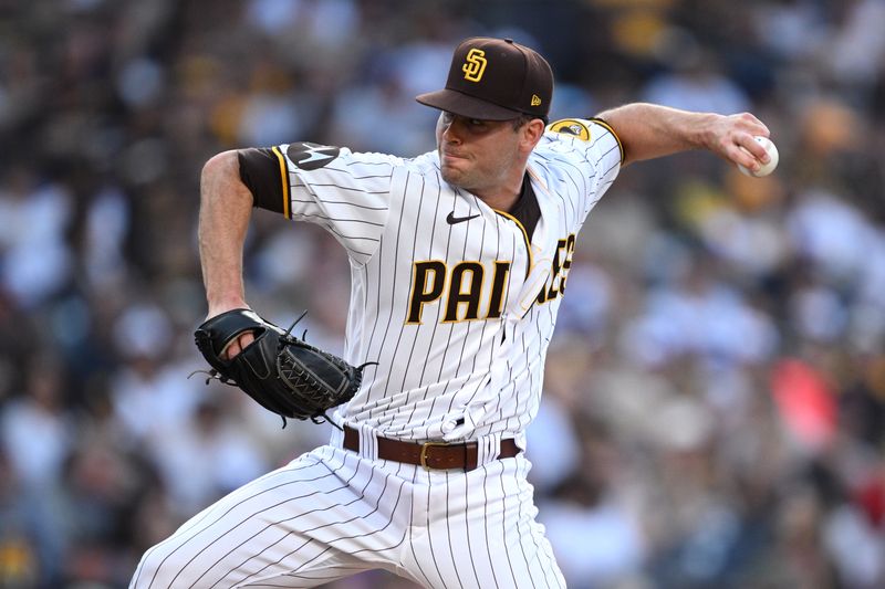 Jun 15, 2023; San Diego, California, USA; San Diego Padres relief pitcher Tom Cosgrove (59) throws a pitch against the Cleveland Guardians during the fourth inning at Petco Park. Mandatory Credit: Orlando Ramirez-USA TODAY Sports