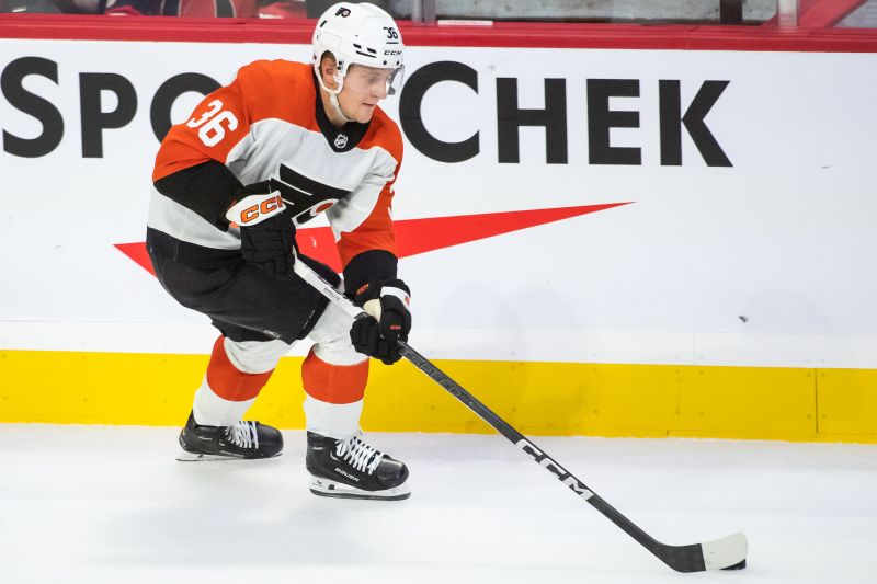 Oct 14, 2023; Ottawa, Ontario, CAN; Philadelphia Flyers defenseman Emil Andrae (36) skates with the puck in the third period against the Ottawa Senators at the Canadian Tire Centre. Mandatory Credit: Marc DesRosiers-USA TODAY Sports