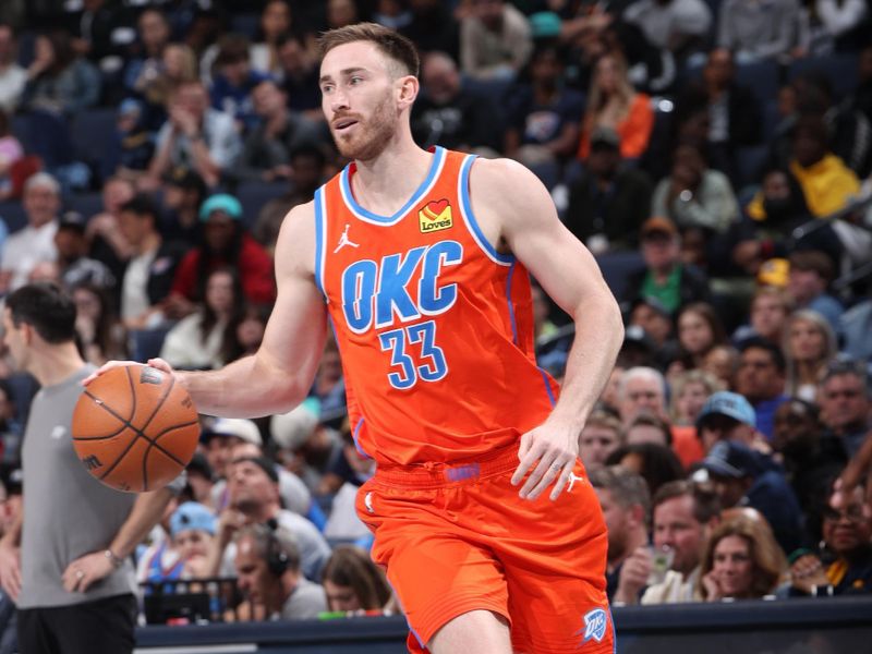 MEMPHIS, TN - MARCH 16: Gordon Hayward #33 of the Oklahoma City Thunder handles the ball during the game against the Memphis Grizzlies on March 16, 2024 at FedExForum in Memphis, Tennessee. NOTE TO USER: User expressly acknowledges and agrees that, by downloading and or using this photograph, User is consenting to the terms and conditions of the Getty Images License Agreement. Mandatory Copyright Notice: Copyright 2024 NBAE (Photo by Joe Murphy/NBAE via Getty Images)