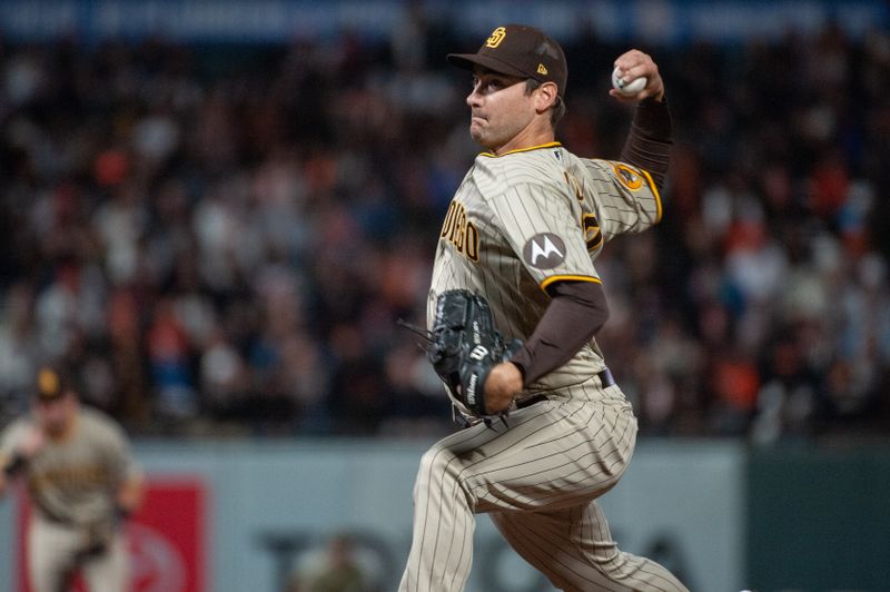 Sep 26, 2023; San Francisco, California, USA; San Diego Padres starting pitcher Seth Lugo (67) throws a pitch during the eighth inning against the San Francisco Giants at Oracle Park. Mandatory Credit: Ed Szczepanski-USA TODAY Sports