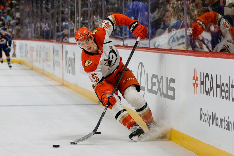 Nov 11, 2025; Denver, Colorado, USA; Anaheim Ducks right wing Beckett Sennecke (45) before the game against the Colorado Avalanche at Ball Arena. Mandatory Credit: Isaiah J. Downing-Imagn Images