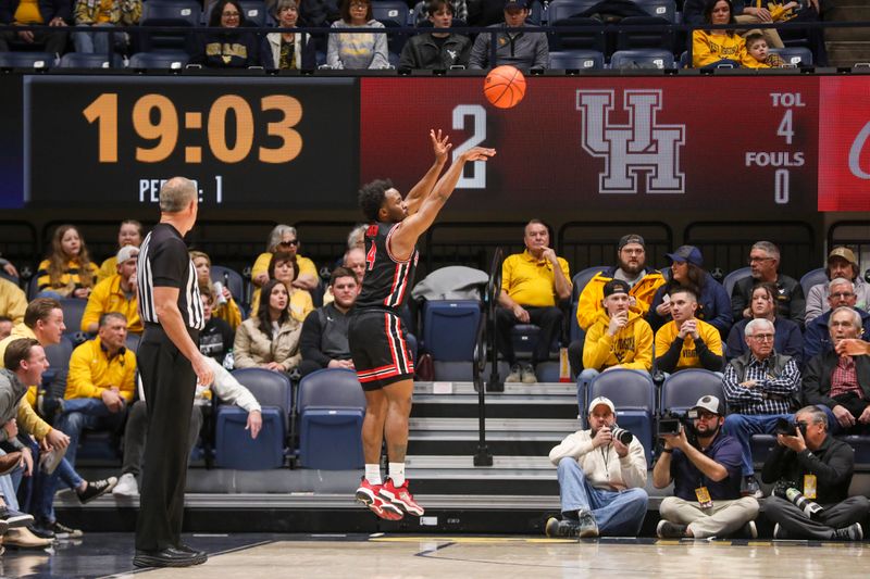 Jan 29, 2025; Morgantown, West Virginia, USA; Houston Cougars guard L.J. Cryer (4) shoots a three point shot} during the first half against the West Virginia Mountaineers at WVU Coliseum. Mandatory Credit: Ben Queen-Imagn Images