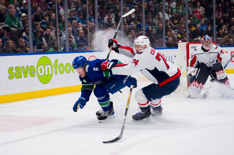 Mar 16, 2024; Vancouver, British Columbia, CAN; Washington Capitals defenseman John Carlson (74) battles with Vancouver Canucks forward Brock Boeser (6) in the first period at Rogers Arena. Mandatory Credit: Bob Frid-USA TODAY Sports