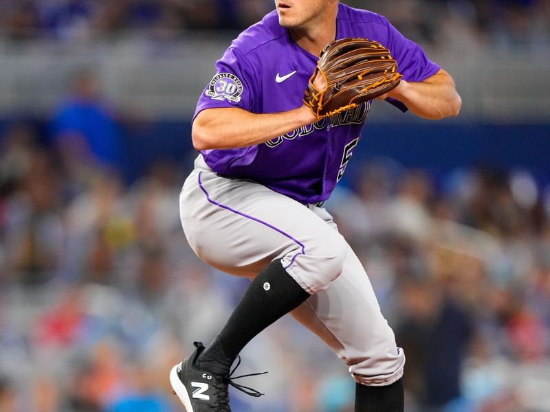 Jul 23, 2023; Miami, Florida, USA; Colorado Rockies relief pitcher Ty Blach (50) throws a pitch against the Miami Marlins during the first inning at loanDepot Park. Mandatory Credit: Rich Storry-USA TODAY Sports