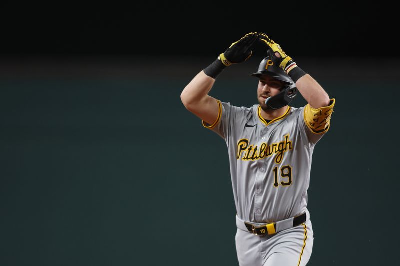 Aug 19, 2024; Arlington, Texas, USA; Pittsburgh Pirates third baseman Jared Triolo (19) reacts as he rounds the bases after hitting a three-run home run against the Texas Rangers in the fourth inning at Globe Life Field. Mandatory Credit: Tim Heitman-USA TODAY Sports