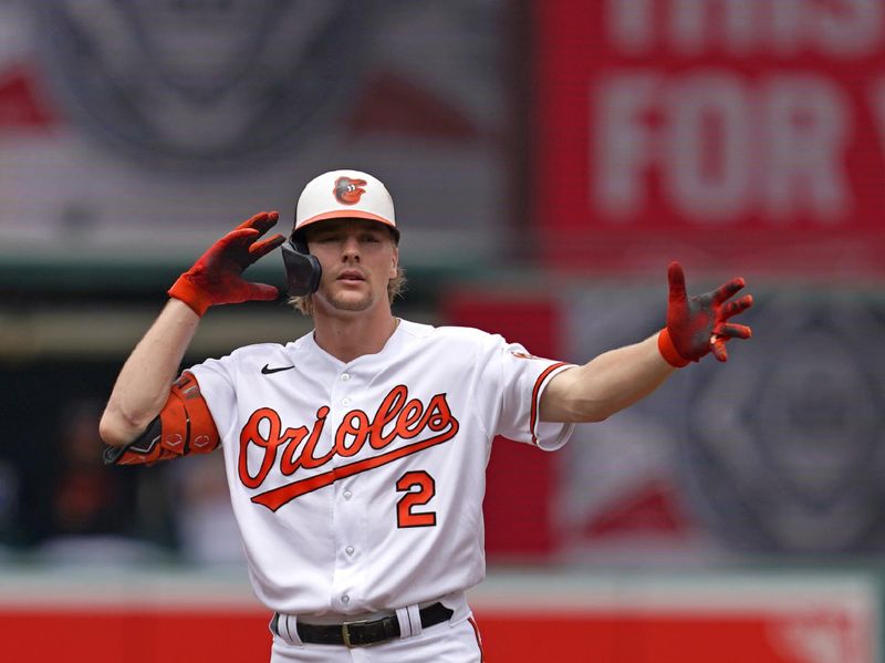 Jul 16, 2023; Baltimore, Maryland, USA; Baltimore Orioles  shortstop Gunnar Henderson (2) reacts after his leadoff double in the first inning against the Miami Marlins at Oriole Park at Camden Yards. Mandatory Credit: Mitch Stringer-USA TODAY Sports