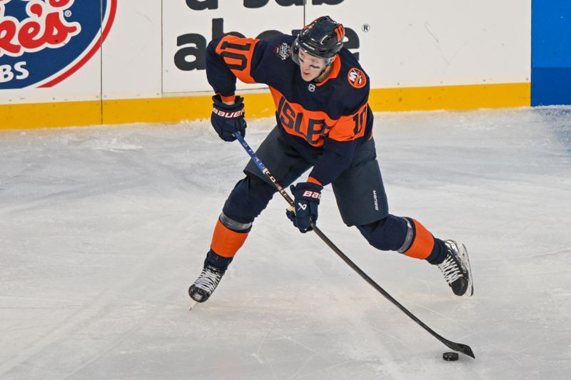 Feb 18, 2024; East Rutherford, New Jersey, USA;  New York Islanders right wing Simon Holmstrom (10) attempts a shot against the New York Rangers during the second period in a Stadium Series ice hockey game at MetLife Stadium. Mandatory Credit: Dennis Schneidler-USA TODAY Sports