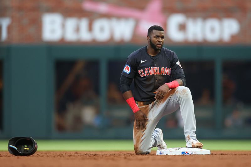 Apr 27, 2024; Atlanta, Georgia, USA; Cleveland Guardians designated hitter Estevan Florial (90) reacts after being thrown out on a steal attempt against the Atlanta Braves in the second inning at Truist Park. Mandatory Credit: Brett Davis-USA TODAY Sports