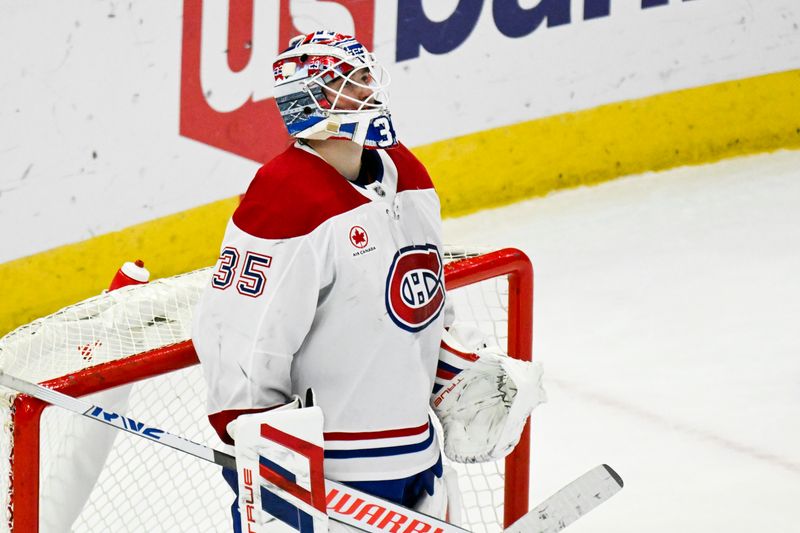 Jan 3, 2025; Chicago, Illinois, USA;  Montreal Canadiens goaltender Sam Montembeault (35) looks on after the Chicago Blackhawks scored during the third period at United Center. Mandatory Credit: Matt Marton-Imagn Images