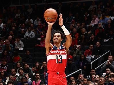 WASHINGTON, DC -? DECEMBER 29:  Jordan Poole #13 of the Washington Wizards shoots the ball during the game against the Brooklyn Nets on December 29, 2023 at Capital One Arena in Washington, DC. NOTE TO USER: User expressly acknowledges and agrees that, by downloading and or using this Photograph, user is consenting to the terms and conditions of the Getty Images License Agreement. Mandatory Copyright Notice: Copyright 2023 NBAE (Photo by Kenny Giarla/NBAE via Getty Images)