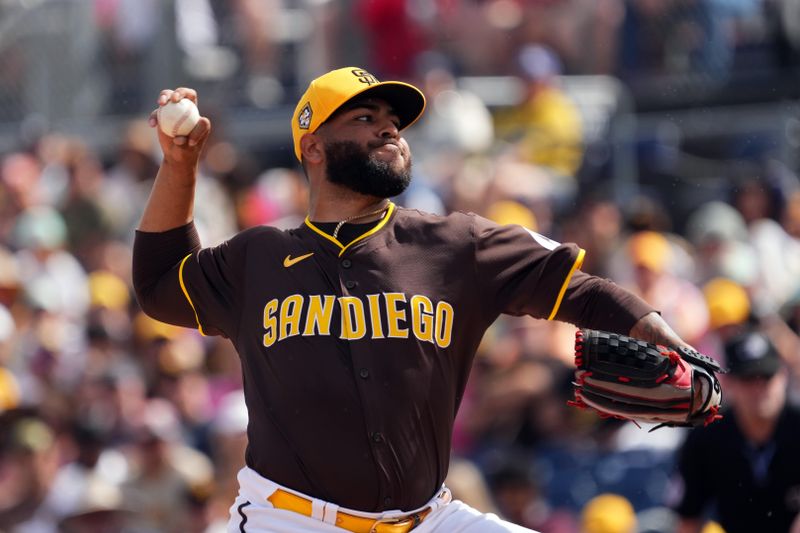 Feb 24, 2024; Peoria, Arizona, USA; San Diego Padres pitcher Pedro Avila pitches against the Milwaukee Brewers during the first inning of a Spring Training game at Peoria Sports Complex. Mandatory Credit: Joe Camporeale-USA TODAY Sports