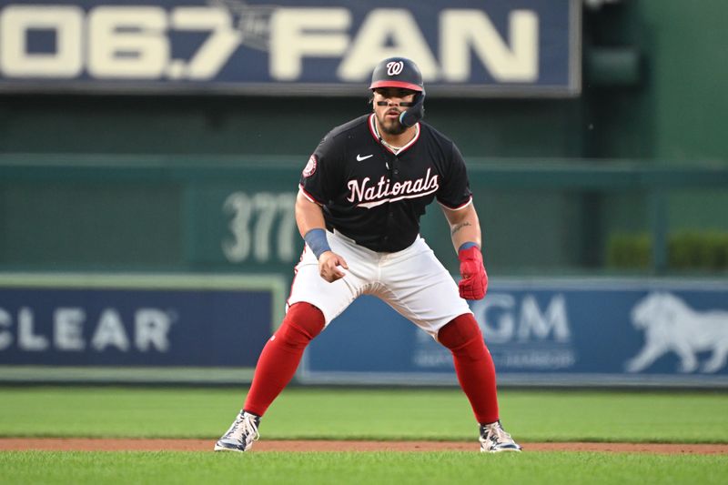 Aug 28, 2024; Washington, District of Columbia, USA; Washington Nationals third baseman Andres Chaparro (19) leads off second base against the New York Yankees during the first inning at Nationals Park. Mandatory Credit: Rafael Suanes-USA TODAY Sports