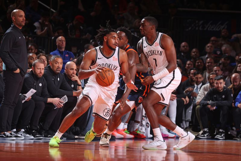 NEW YORK, NY - NOVEMBER 15: Cam Thomas #24 of the Brooklyn Nets dribbles the ball during the game against the New York Knicks during the Emirates NBA Cup game on November 15, 2024 at Madison Square Garden in New York City, New York.  NOTE TO USER: User expressly acknowledges and agrees that, by downloading and or using this photograph, User is consenting to the terms and conditions of the Getty Images License Agreement. Mandatory Copyright Notice: Copyright 2024 NBAE  (Photo by Nathaniel S. Butler/NBAE via Getty Images)