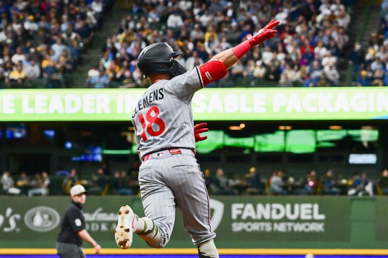 May 17, 2025; Milwaukee, Wisconsin, USA; Minnesota Twins second baseman Kody Clemens (18) reacts after hitting a solo home run in the fifth inning against the Milwaukee Brewers at American Family Field. Mandatory Credit: Benny Sieu-Imagn Images