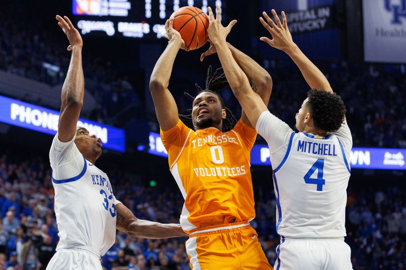 Feb 3, 2024; Lexington, Kentucky, USA; Tennessee Volunteers forward Jonas Aidoo (0) goes to the basket during the first half against the Kentucky Wildcats at Rupp Arena at Central Bank Center. Mandatory Credit: Jordan Prather-USA TODAY Sports