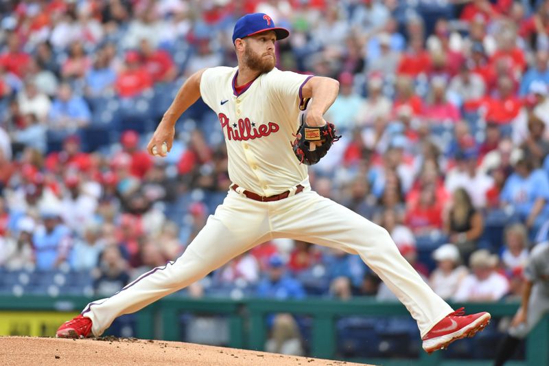 May 6, 2024; Philadelphia, Pennsylvania, USA; Philadelphia Phillies pitcher Zack Wheeler (45) throws a pitch during the first inning against the San Francisco Giants at Citizens Bank Park. Mandatory Credit: Eric Hartline-USA TODAY Sports