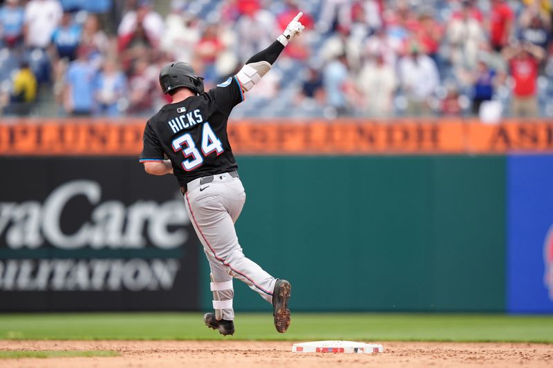 Apr 19, 2025; Philadelphia, Pennsylvania, USA; Miami Marlins catcher Liam Hicks (34) reacts after hitting a two-run home run against the Philadelphia Phillies in the ninth inning at Citizens Bank Park. Mandatory Credit: Kyle Ross-Imagn Images