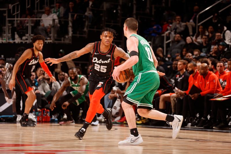 DETROIT, MI - MARCH 22: Marcus Sasser #25 of the Detroit Pistons plays defense against the Boston Celtics on March 22, 2024 at Little Caesars Arena in Detroit, Michigan. NOTE TO USER: User expressly acknowledges and agrees that, by downloading and/or using this photograph, User is consenting to the terms and conditions of the Getty Images License Agreement. Mandatory Copyright Notice: Copyright 2024 NBAE (Photo by Brian Sevald/NBAE via Getty Images)