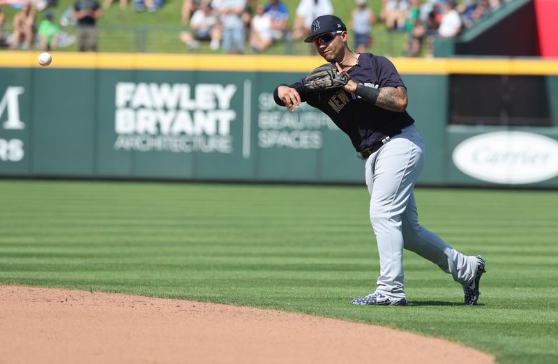 Mar 5, 2023; North Port, Florida, USA;  New York Yankees infielder Oswaldo Cabrera (95) throws the ball to first base for an out against the Atlanta Braves during the fourth inning  at CoolToday Park. Mandatory Credit: Kim Klement-USA TODAY Sports